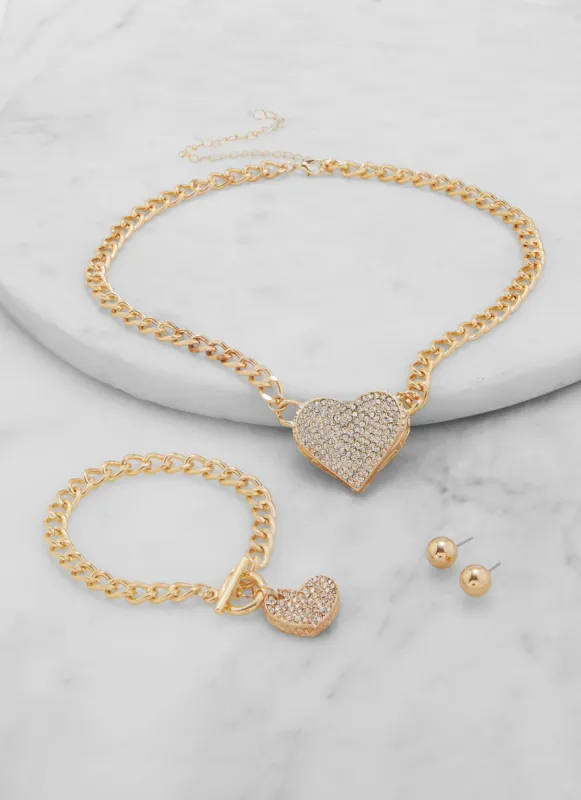 Pave Heart Necklace and Toggle Bracelet with Earrings sold by Rainbow