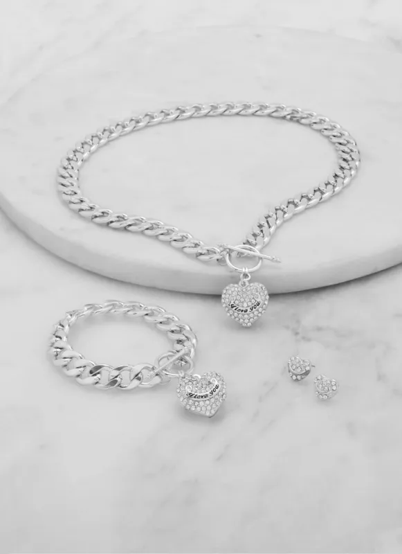 Rhinestone Heart Chain Necklace with Bracelet and Earrings sold by Rainbow