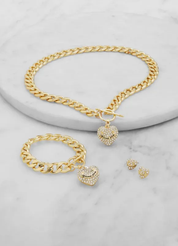 Rhinestone Heart Chain Necklace with Bracelet and Earrings sold by Rainbow