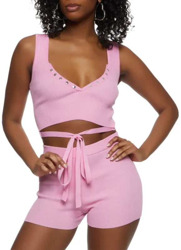 Ribbed Snap Button Detail Tie Front Tank Top sold by Rainbow