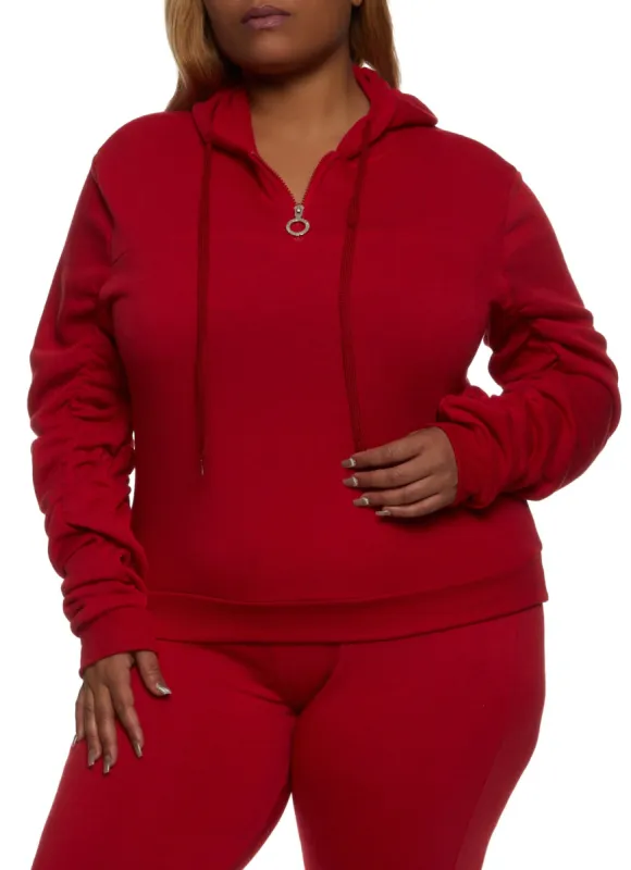 Plus Size Zip Neck Ruched Sleeve Hoodie sold by Rainbow