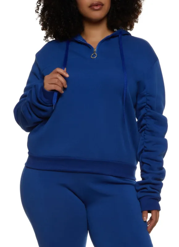 Plus Size Zip Neck Ruched Sleeve Hoodie sold by Rainbow