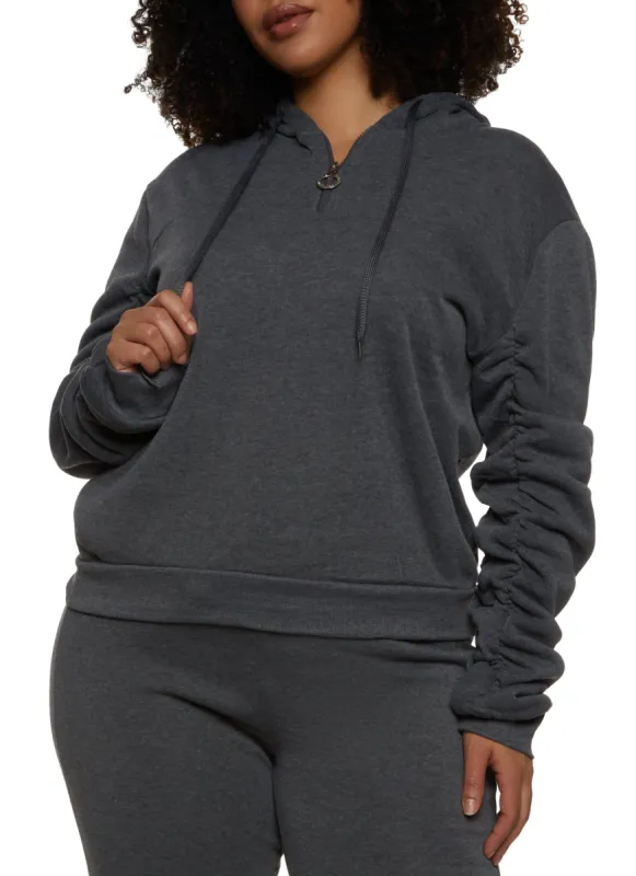 Plus Size Zip Neck Ruched Sleeve Hoodie sold by Rainbow