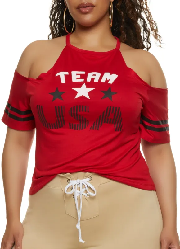 Plus Size Team USA Cold Shoulder Graphic Tee sold by Rainbow