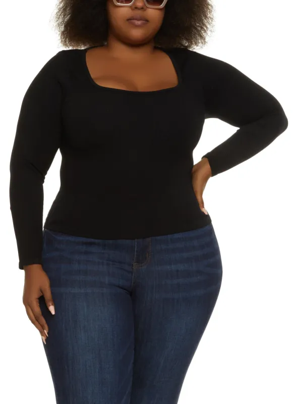 Plus Size Ribbed Seamless Square Neck Top sold by Rainbow