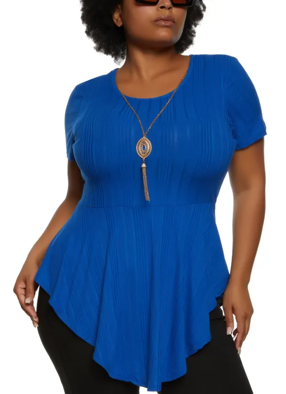 Plus Size Ribbed Hanky Hem Top with Necklace sold by Rainbow