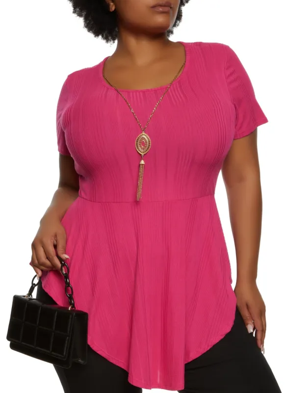 Plus Size Ribbed Hanky Hem Top with Necklace sold by Rainbow