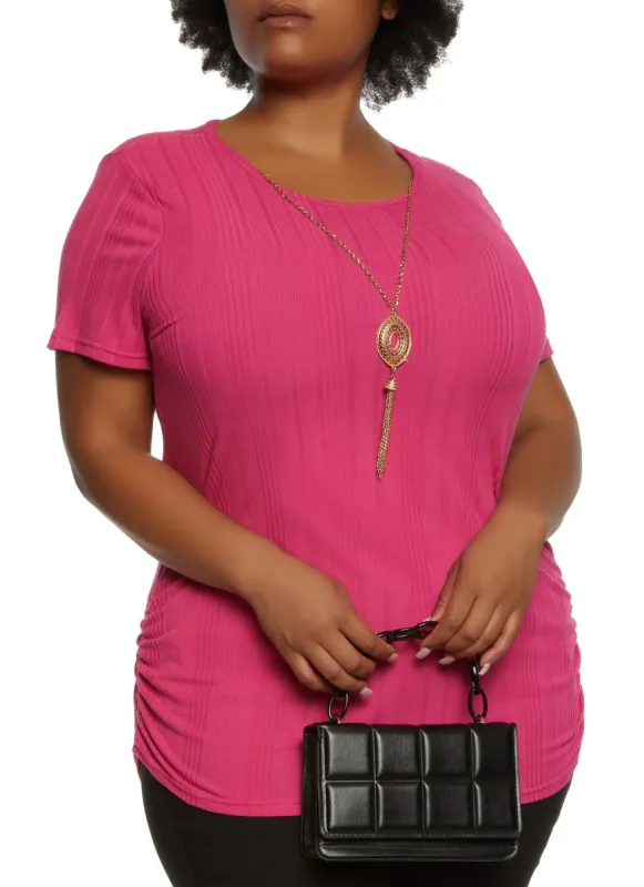 Plus Size Rib Knit Ruched Side Top with Necklace sold by Rainbow
