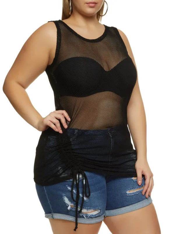 Plus Size Fishnet Ruched Side Tank Top sold by Rainbow