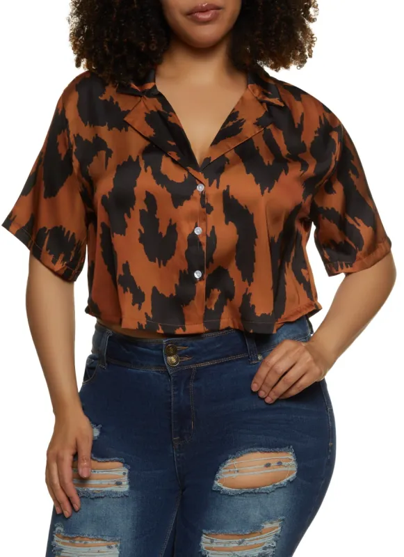 Plus Size Printed Satin Cropped Shirt sold by Rainbow