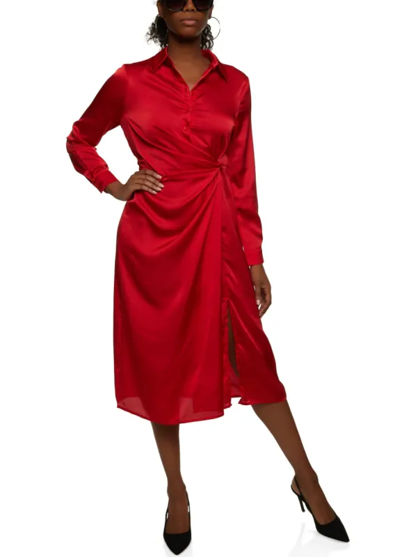 Satin Faux Wrap Button Front Dress sold by Rainbow
