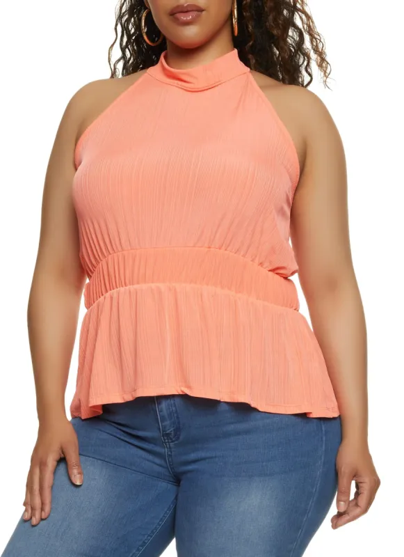 Plus Size Ribbed High Neck Ruched Waist Top sold by Rainbow