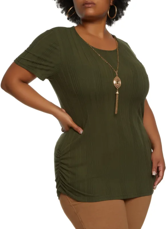 Plus Size Rib Knit Ruched Side Top with Necklace sold by Rainbow