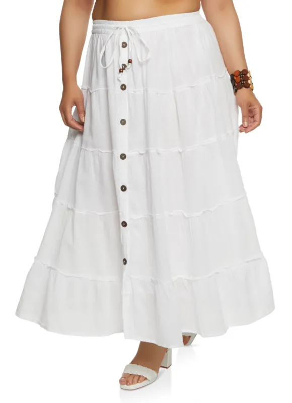 Plus Size Drawstring Button Front Tiered Maxi Skirt sold by Rainbow
