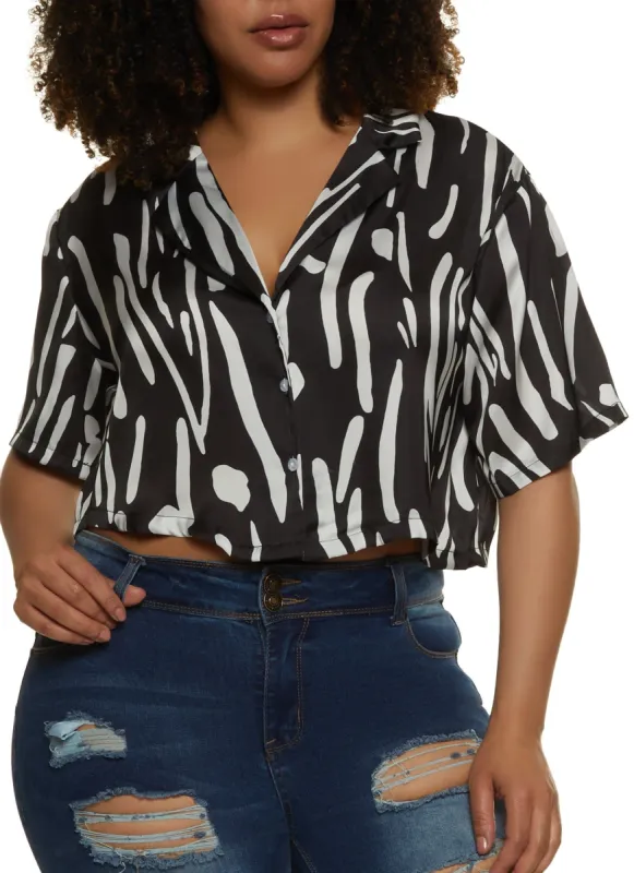 Plus Size Printed Satin Cropped Shirt sold by Rainbow