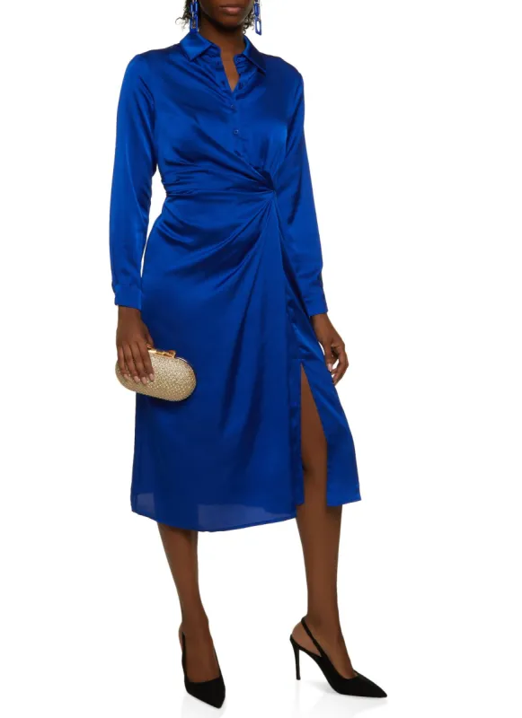 Satin Faux Wrap Button Front Dress sold by Rainbow
