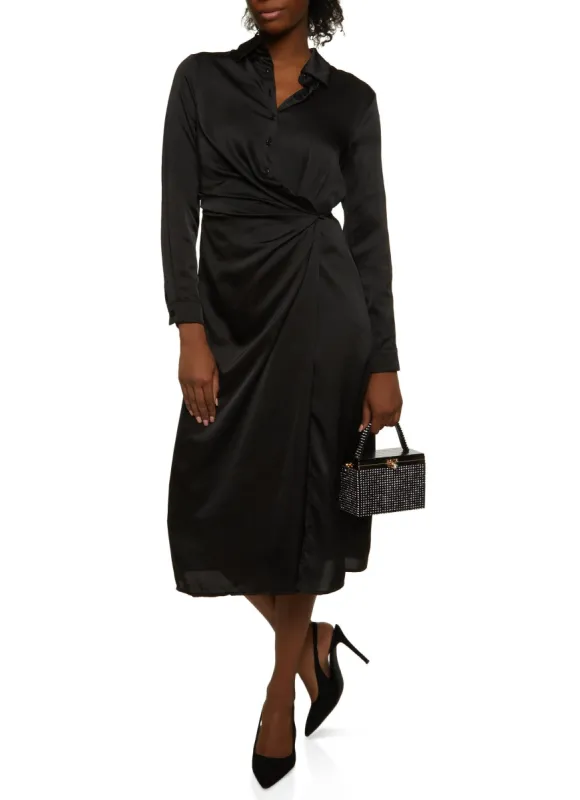 Satin Faux Wrap Button Front Dress sold by Rainbow