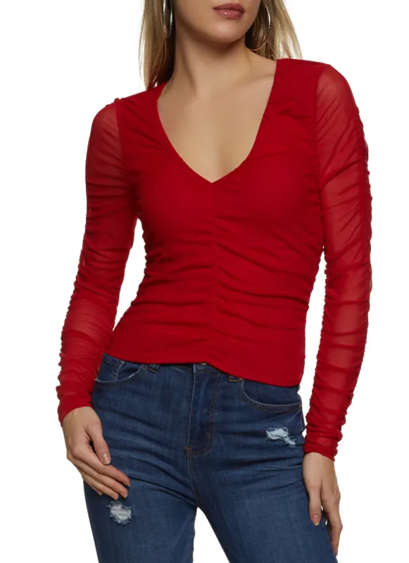 Mesh Ruched Long Sleeve Top sold by Rainbow