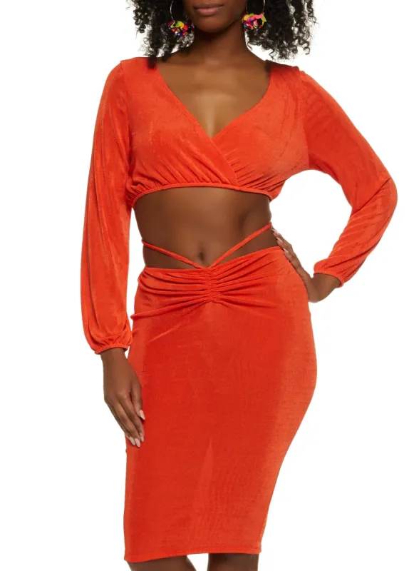 Bubble Sleeve Crop Top and Tie Back Ruched Midi Skirt sold by Rainbow