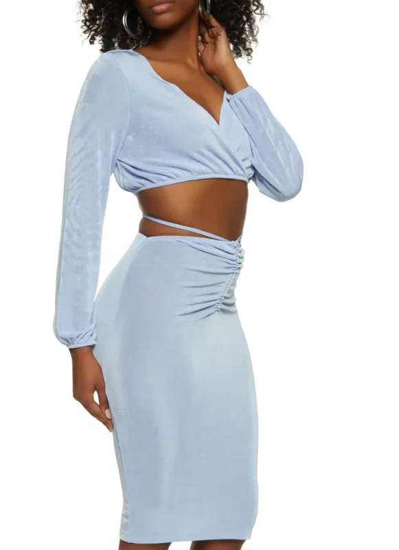 Bubble Sleeve Crop Top and Tie Back Ruched Midi Skirt sold by Rainbow