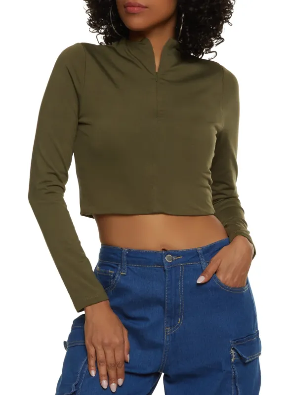 Half Zip Mock Neck Long Sleeve Crop Top sold by Rainbow