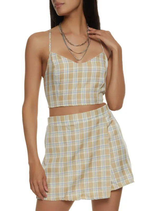 Plaid Lace Up Cami and Asymmetrical Skort Set sold by Rainbow