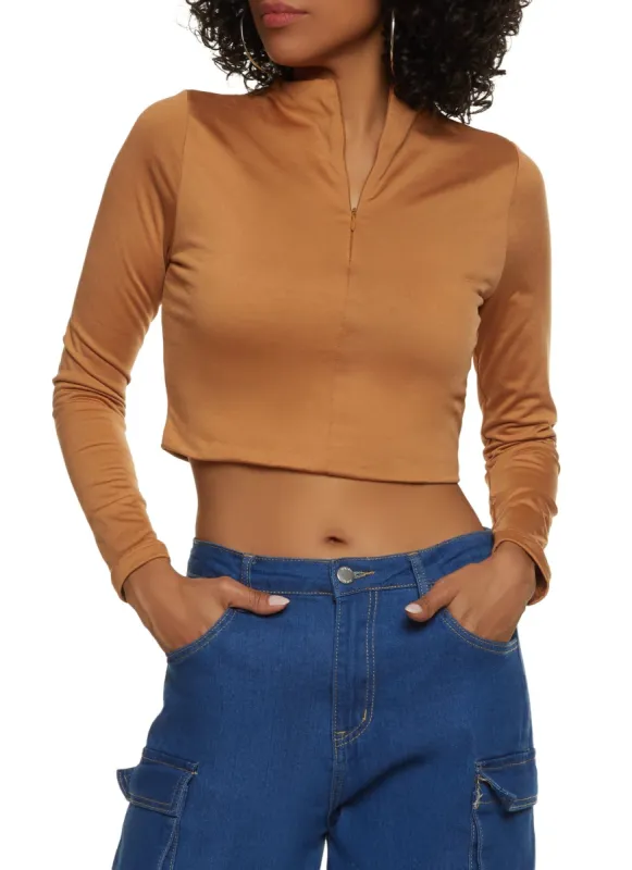 Half Zip Mock Neck Long Sleeve Crop Top sold by Rainbow