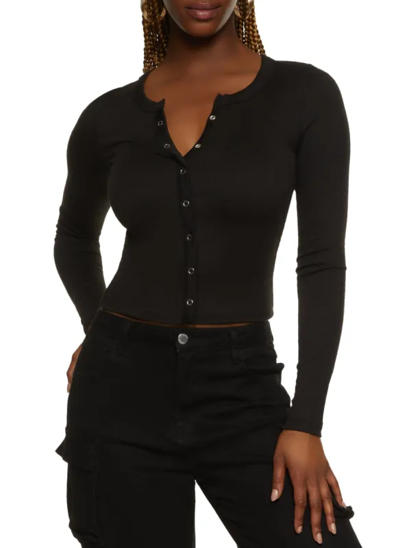 Snap Button Detail Long Sleeve Crop Top sold by Rainbow