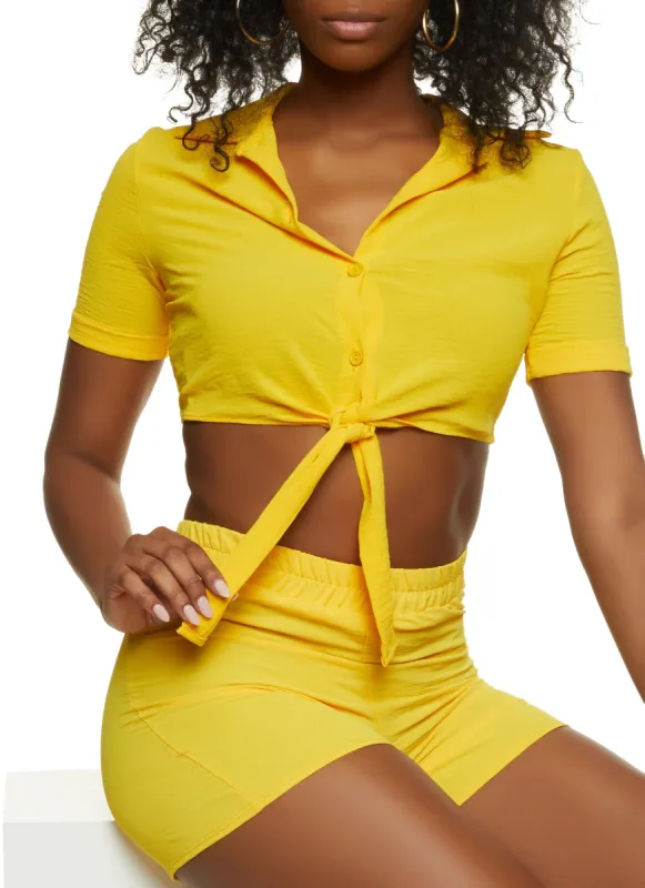 Crepe Knit Button Front Tie Hem Crop Top sold by Rainbow