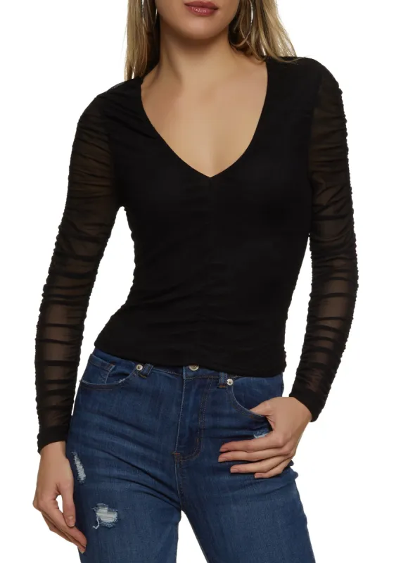 Mesh Ruched Long Sleeve Top sold by Rainbow