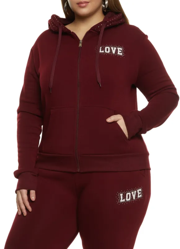 Plus Size Love Rhinestone Graphic Zip Front Hoodie sold by Rainbow