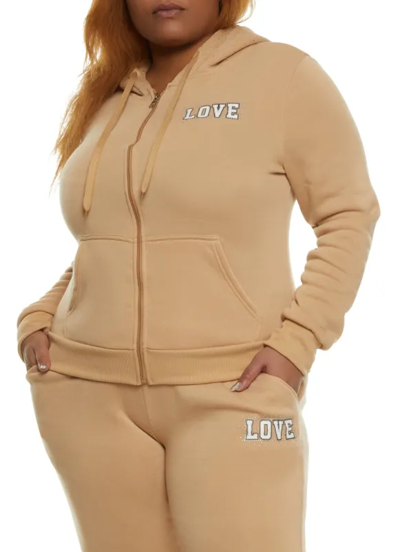 Plus Size Love Rhinestone Graphic Zip Front Hoodie sold by Rainbow