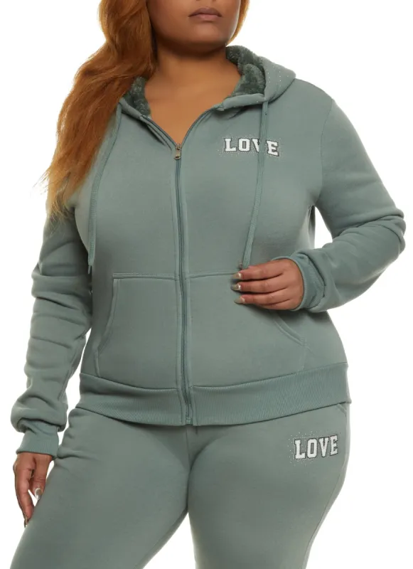 Plus Size Love Rhinestone Graphic Zip Front Hoodie sold by Rainbow