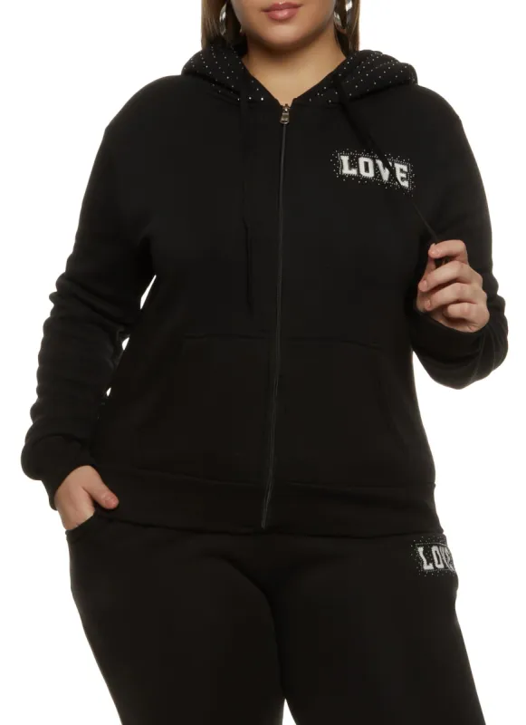 Plus Size Love Rhinestone Graphic Zip Front Hoodie sold by Rainbow