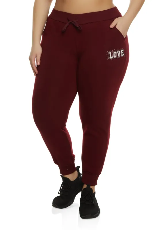 Plus Size Love Rhinestone Graphic Drawstring Joggers sold by Rainbow