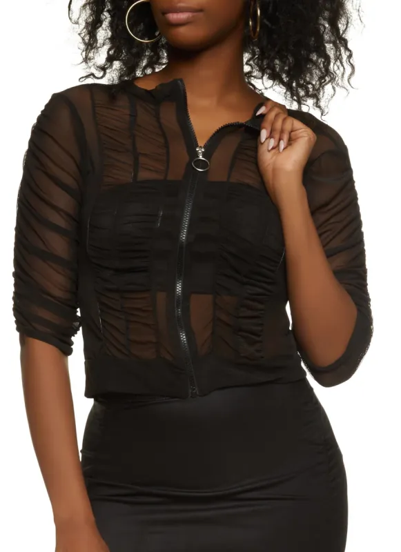 Mesh Ruched Zip Up Jacket sold by Rainbow