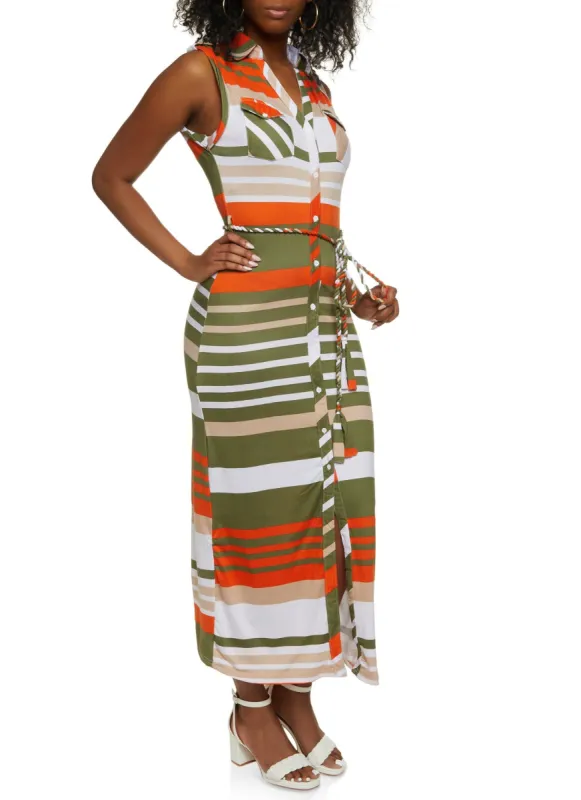 Striped Sleeveless Tie Waist Belted Maxi Dress sold by Rainbow
