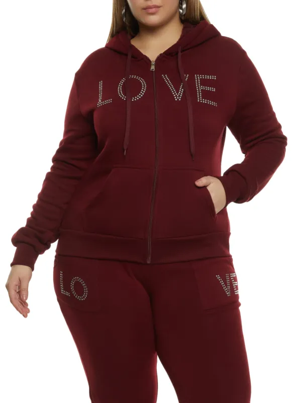 Plus Size Love Rhinestone Graphic Zip Up Hoodie sold by Rainbow