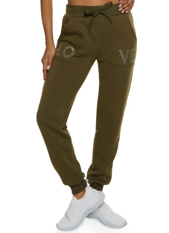 Love Rhinestone Studded Drawstring Joggers sold by Rainbow