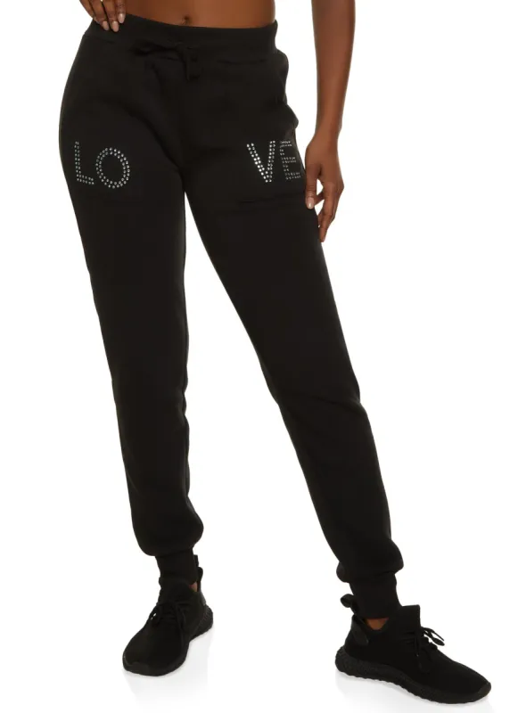 Love Rhinestone Studded Drawstring Joggers sold by Rainbow
