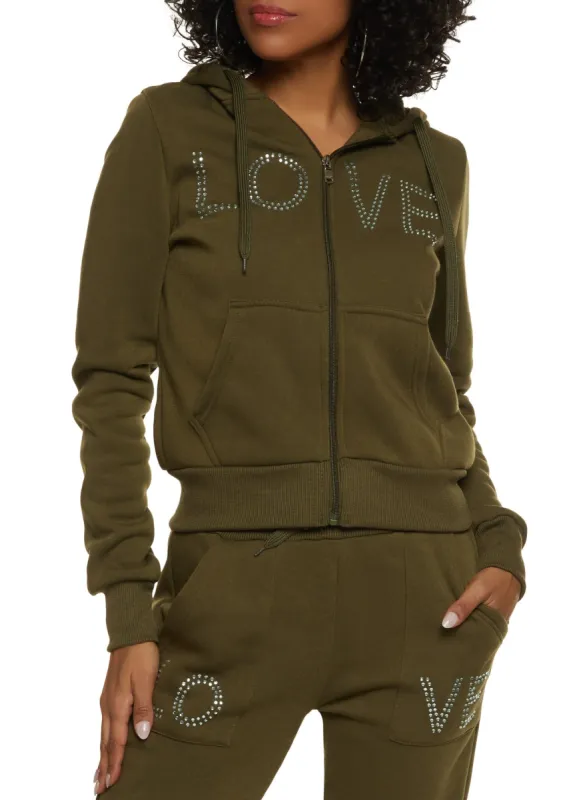 Love Rhinestone Faux Fur Lined Graphic Hoodie sold by Rainbow