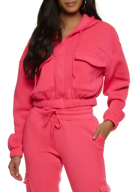 Zip Front Cargo Pocket Cropped Hoodie sold by Rainbow