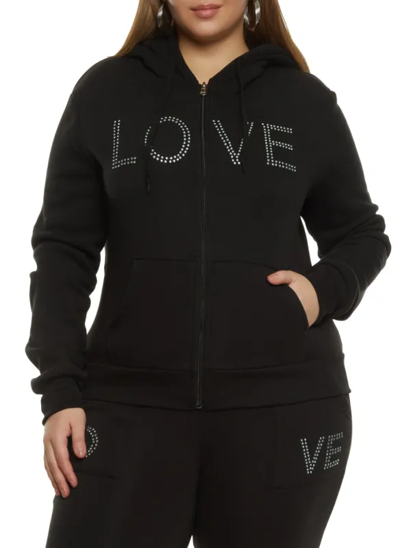Plus Size Love Rhinestone Graphic Zip Up Hoodie sold by Rainbow
