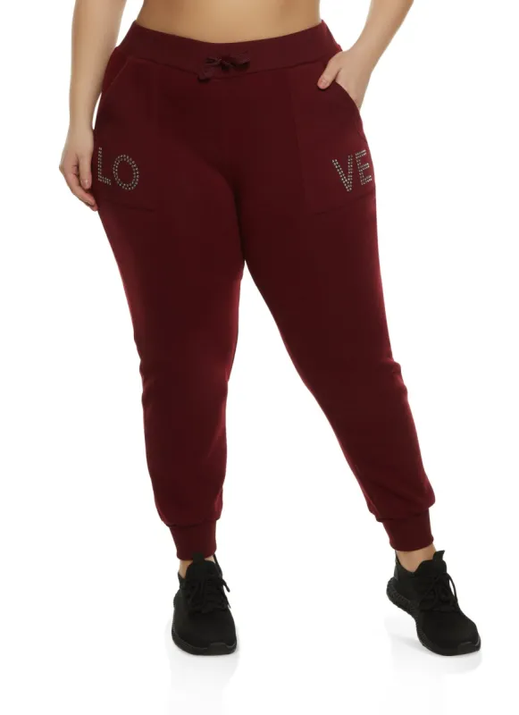 Plus Size Love Rhinestone Studded Joggers sold by Rainbow