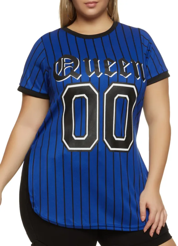 Plus Size Mesh Queen Pinstripe Baseball Tee sold by Rainbow