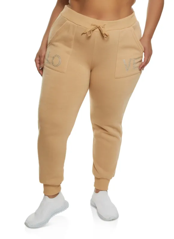 Plus Size Love Rhinestone Studded Joggers sold by Rainbow