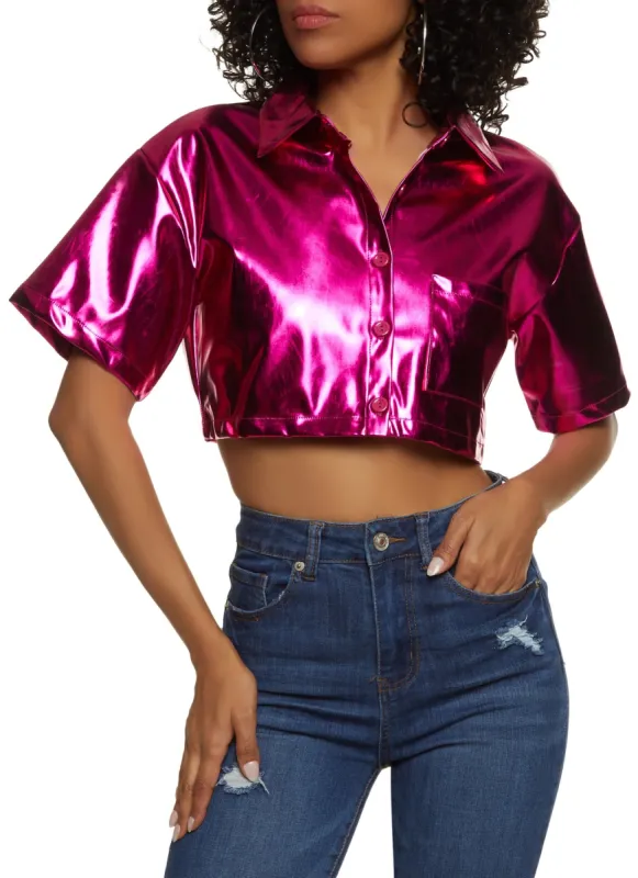 Faux Leather Metallic Boxy Cropped Shirt sold by Rainbow