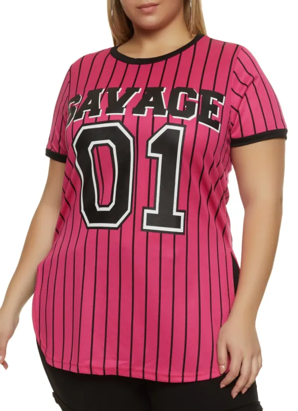 Plus Size Mesh Savage Pinstripe Baseball Tee sold by Rainbow
