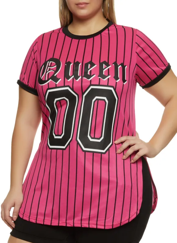 Plus Size Mesh Queen Pinstripe Baseball Tee sold by Rainbow