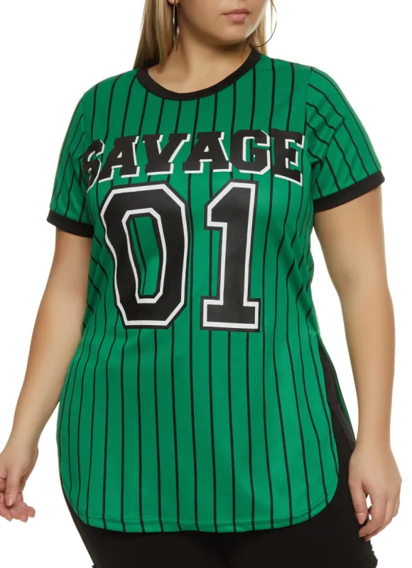 Plus Size Mesh Savage Pinstripe Baseball Tee sold by Rainbow